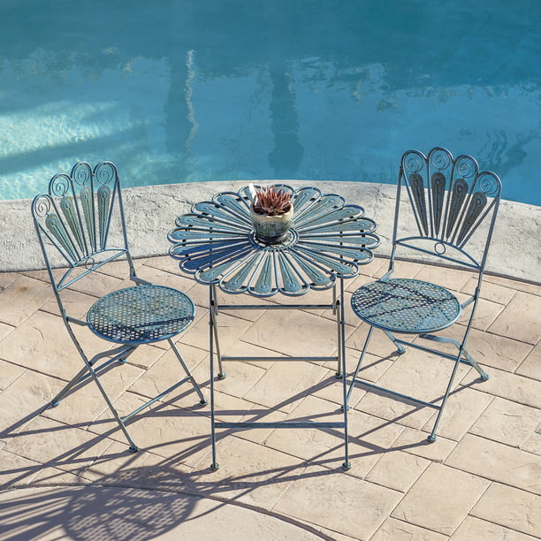 Blue Bistro Set 3 Piece Water Resistant Patio Garden Outdoor Iron Table Chairs